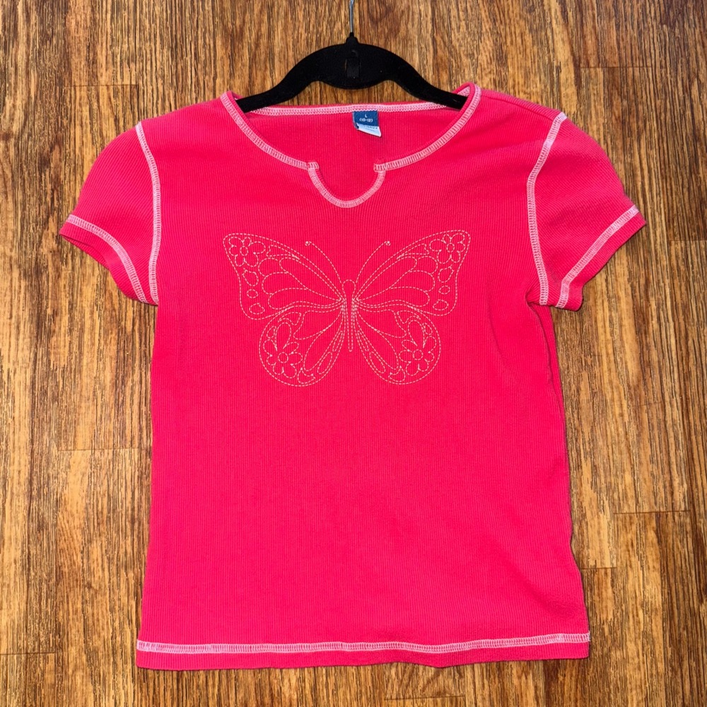 Old Navy Baby Tee Pink Y2K Butterfly Ribbed Contrast Stitch XS Fairycore Grunge